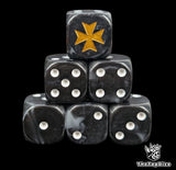 Black and grey 16mm resin D6 dice with gold crusader cross emblem and white pips, hand painted for sci-fi crusader armies and tabletop wargaming