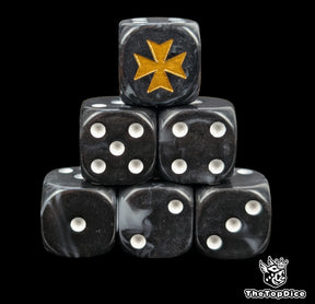 Black and grey 16mm resin D6 dice with gold crusader cross emblem and white pips, hand painted for sci-fi crusader armies and tabletop wargaming