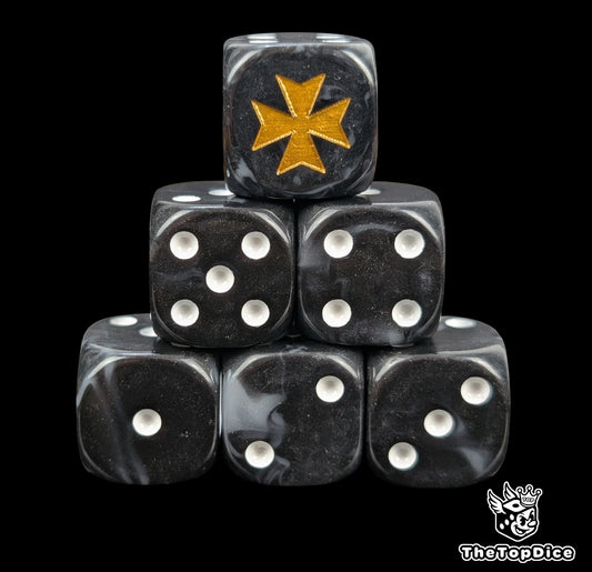 Black and grey 16mm resin D6 dice with gold crusader cross emblem and white pips, hand painted for sci-fi crusader armies and tabletop wargaming