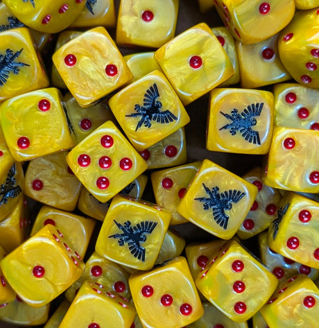 Pile of gold eagle warden 16mm D6 dice for a sci-fi guardian army
