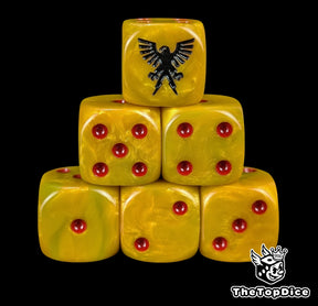 Gold 16mm D6 dice with a black eagle emblem and red pips for sci-fi wargaming