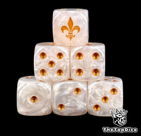 Six pearl white Sororitas D6 stacked, gold pips and a gold fleur