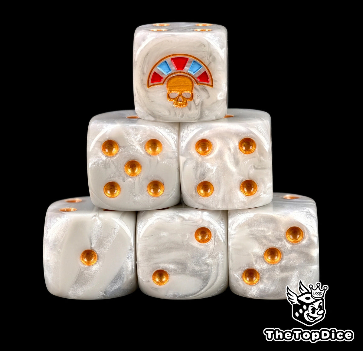 Six bone white Tomb Kings D6 stacked, gold pips and a gem crown