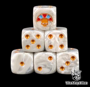 Six bone white Tomb Kings D6 stacked, gold pips and a gem crown