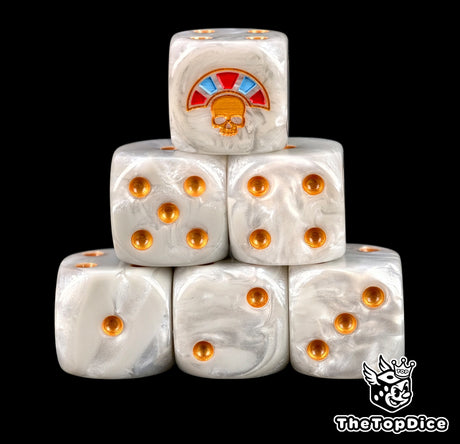Six bone white Tomb Kings D6 stacked, gold pips and a gem crown
