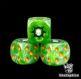 Three green Horus Heresy dice with a white skull in a spiked ring