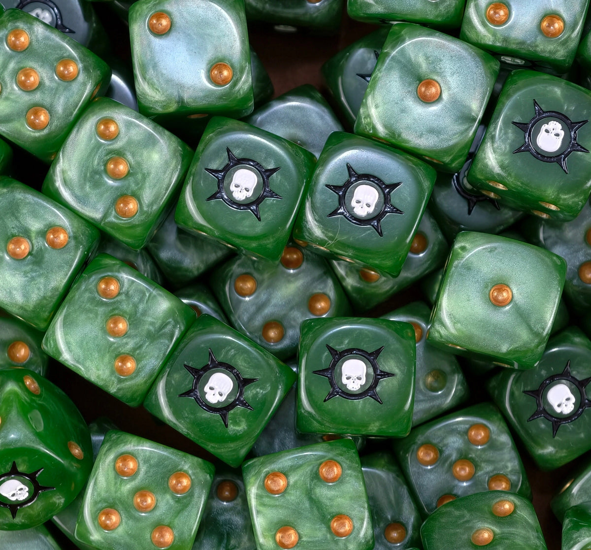 A pile of green Death Guard D6 with gold pips and white skulls