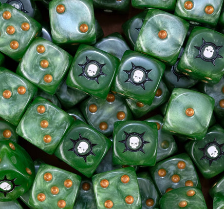 A pile of green Death Guard D6 with gold pips and white skulls