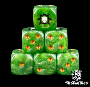 Six green Death Guard D6 stacked, gold pips and a white skull ring