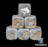 Grey resin D6 dice with a white shark and gold pips