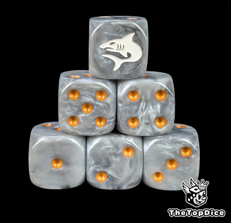 Grey resin D6 dice with a white shark and gold pips