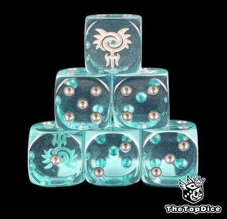 Six translucent aqua Idoneth Deepkin sea elf D6, pearl pips and trident