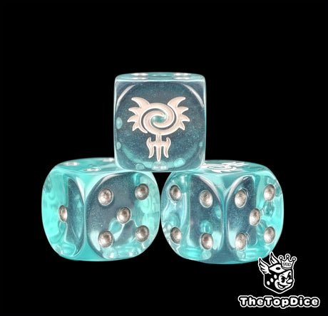 Three see through sea elf dice with a white trident glyph