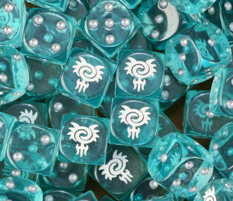 A pile of clear aqua Idoneth D6 with pearl pips and white tridents