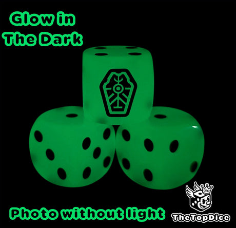 Pile of glow in the dark green 16mm D6 dice for a sci-fi xeno army