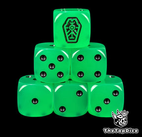 Glow in the dark green 16mm D6 dice with a black tomb rune emblem and black pips for sci-fi wargaming