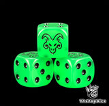 Three glowing green 16mm rat men D6, black horned rat beside black pips
