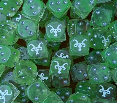 Translucent green 16mm resin D6 dice with a white ratfolk rune and silver pips for fantasy rat swarms
