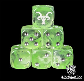 Translucent green resin D6 dice with a white ratfolk rune and silver pips