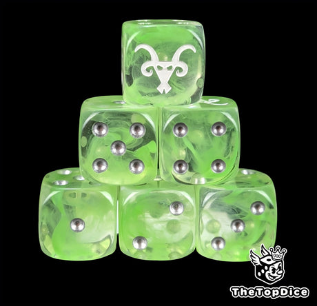 Translucent green resin D6 dice with a white ratfolk rune and silver pips