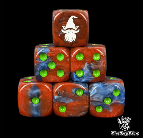 Close up of two red D6 with a white gnome logo on the six face for fantasy football