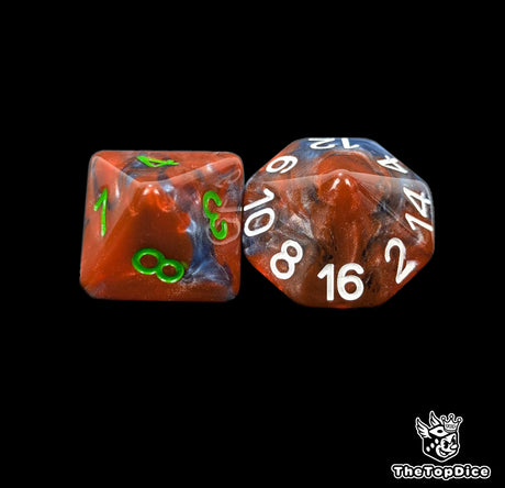 Close up of a red and blue D8 and D16 with green numbers for scatter and long range rolls
