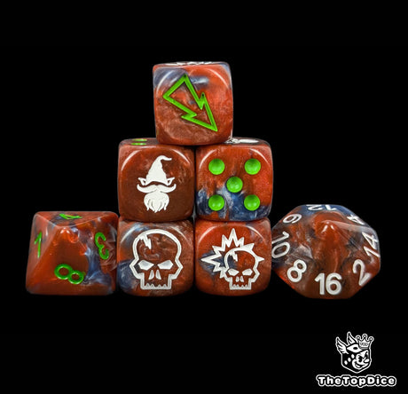 Red and blue gnome fantasy football dice set of seven 16mm resin dice compatible with Blood Bowl