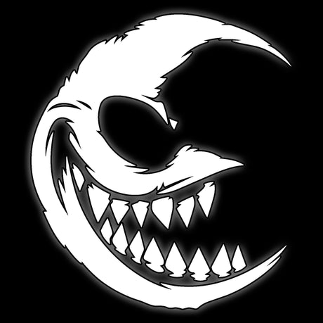 Wide grinning moon with sharp teeth in white on black, tile for goblin horde 16mm fantasy dice