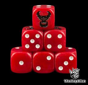 Goff Orks Warhammer 40k dice, red 16mm resin D6 with white pips and a black tusked ork skull, stacked in a pyramid