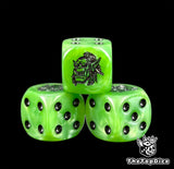 Three green orc dice with a grinning goggled orc boss face