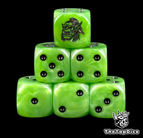 Six green orc D6 stacked, black pips and an orc face in goggles