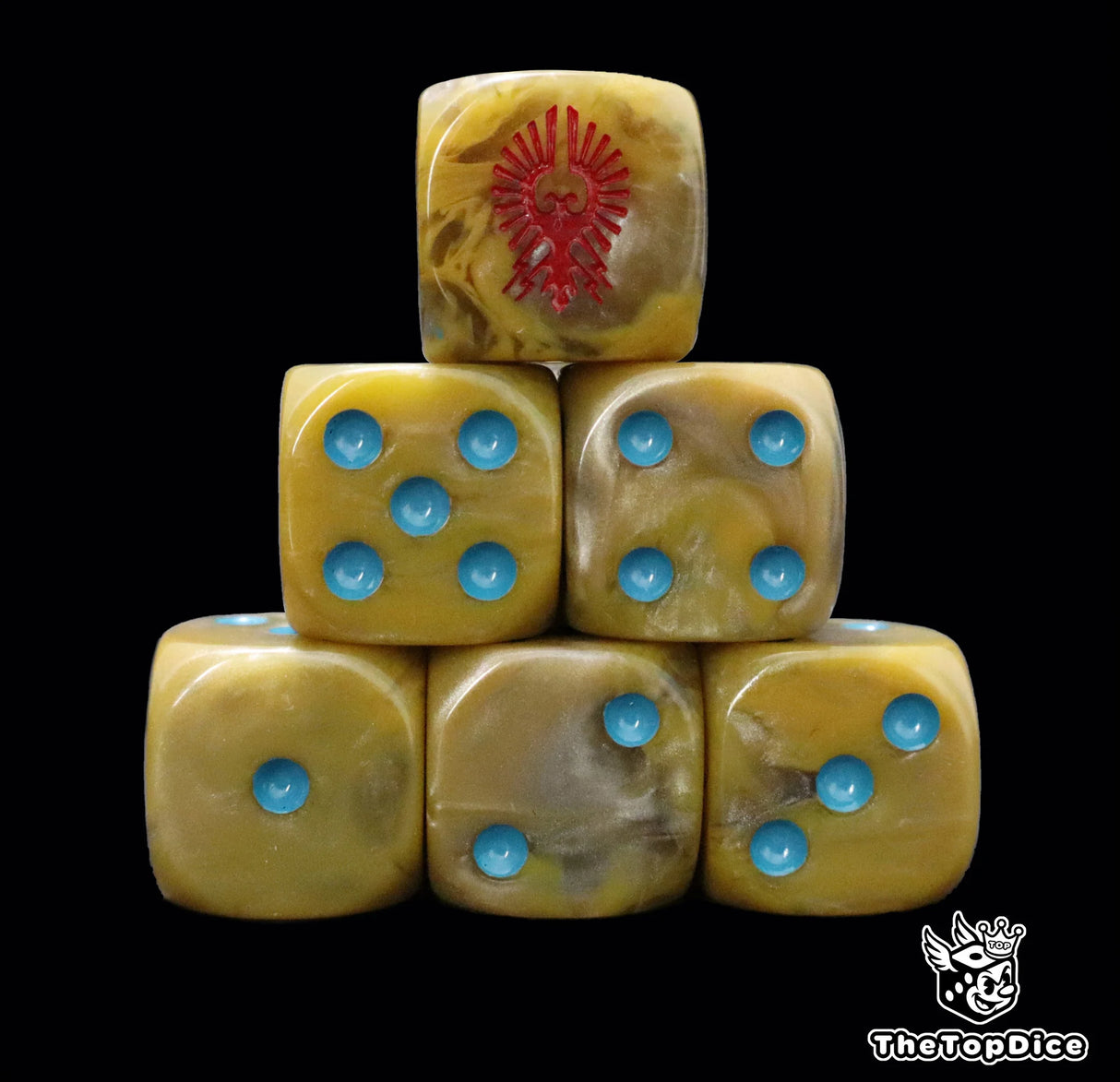 Gold 16mm D6 dice with a red eagle emblem and blue pips for sci-fi wargaming