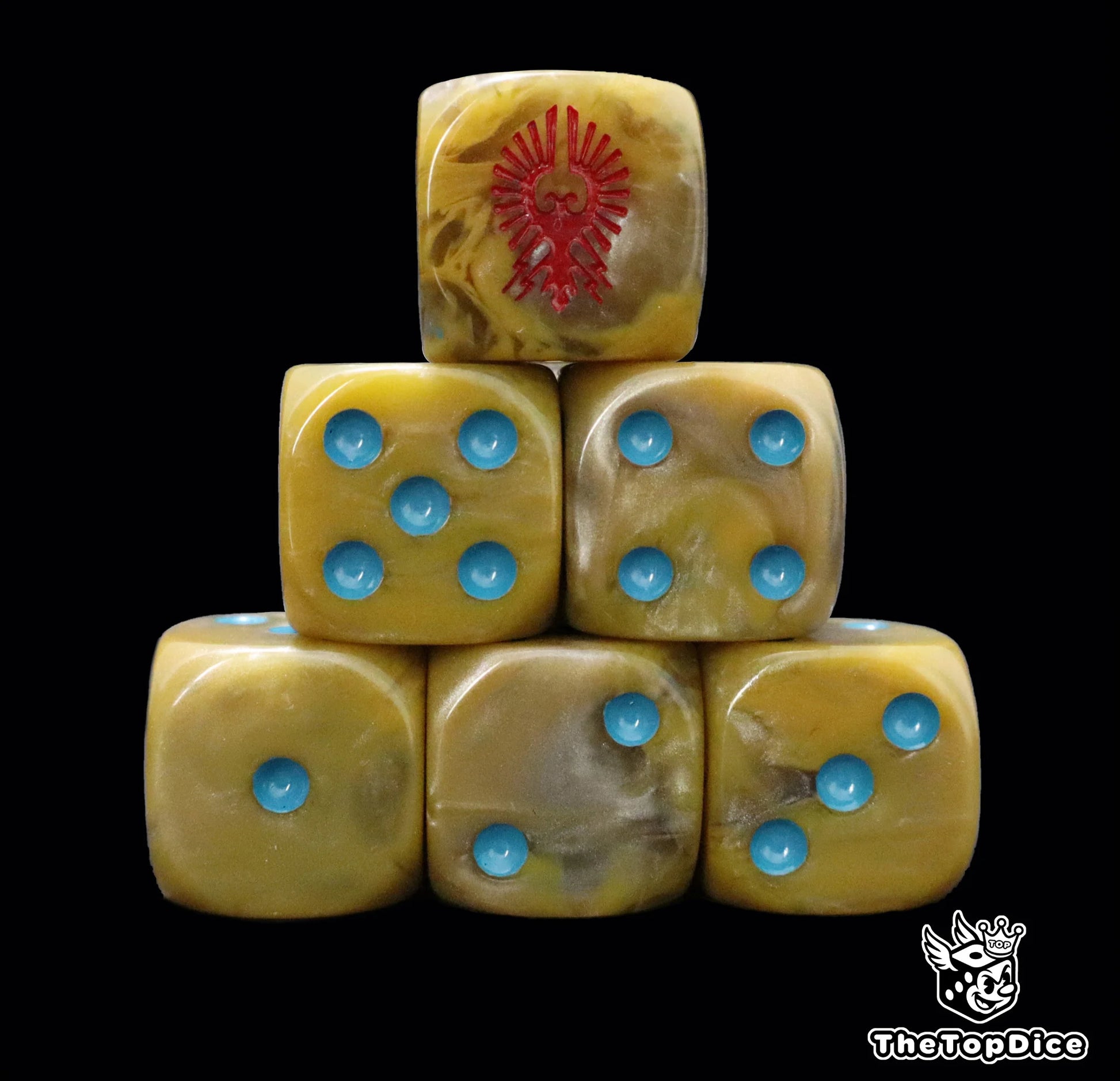 Gold 16mm D6 dice with a red eagle emblem and blue pips for sci-fi wargaming