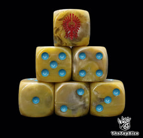 Gold 16mm D6 dice with a red eagle emblem and blue pips for sci-fi wargaming
