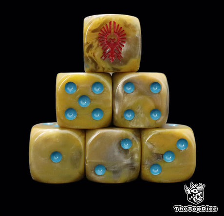 Gold 16mm D6 dice with a red eagle emblem and blue pips for sci-fi wargaming