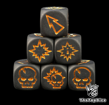 Six matte black Blood Bowl block dice stacked in a pyramid with gold skull, pow and push symbols