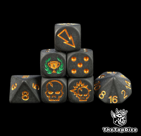 Gold first place trophy Blood Bowl dice set, seven matte black 16mm dice with block dice, a tournament prize for the winner