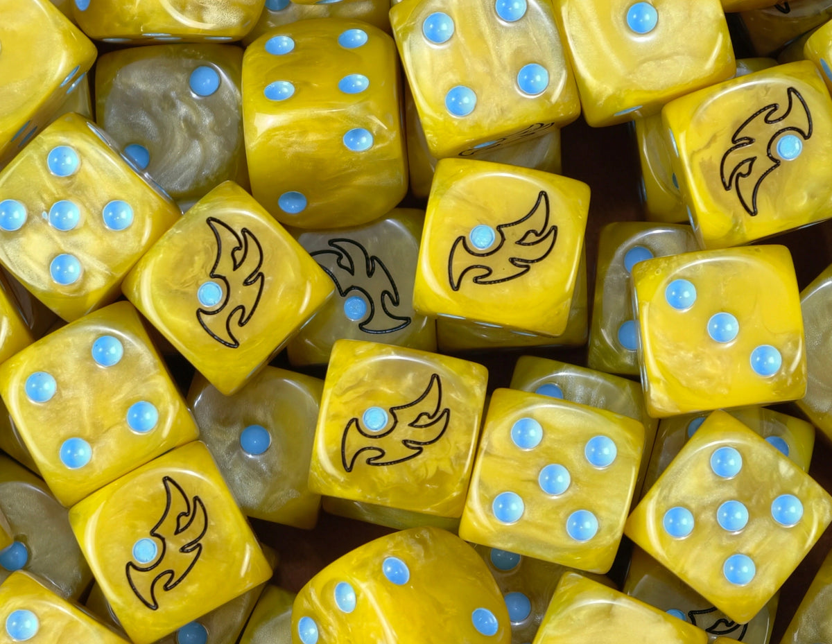 A pile of gold Protoss D6 with blue pips and black Khala sigils