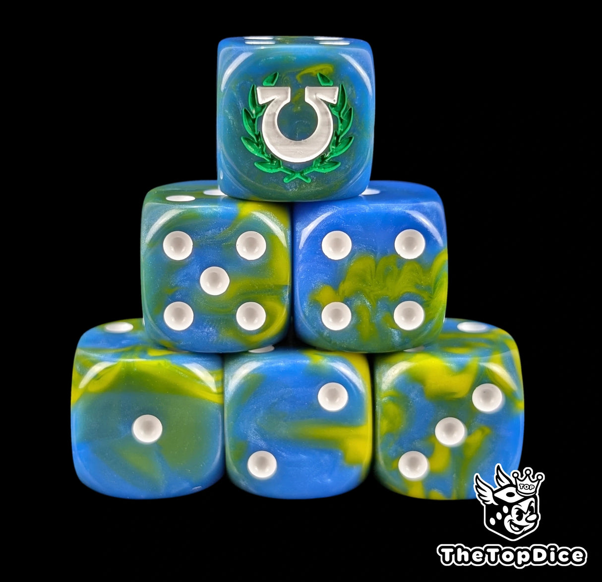 Blue and gold 16mm D6 dice with a white omega and laurel emblem and white pips for sci-fi wargaming