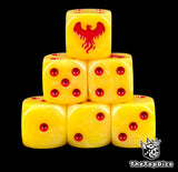 Six yellow Fire Hawks D6 stacked, red pips and a red phoenix