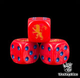 Three red Old World knight dice with a gold heraldic lion