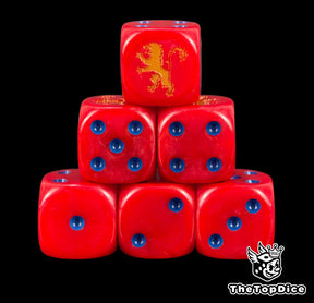 Six red Bretonnia D6 stacked, blue pips and a gold rampant lion