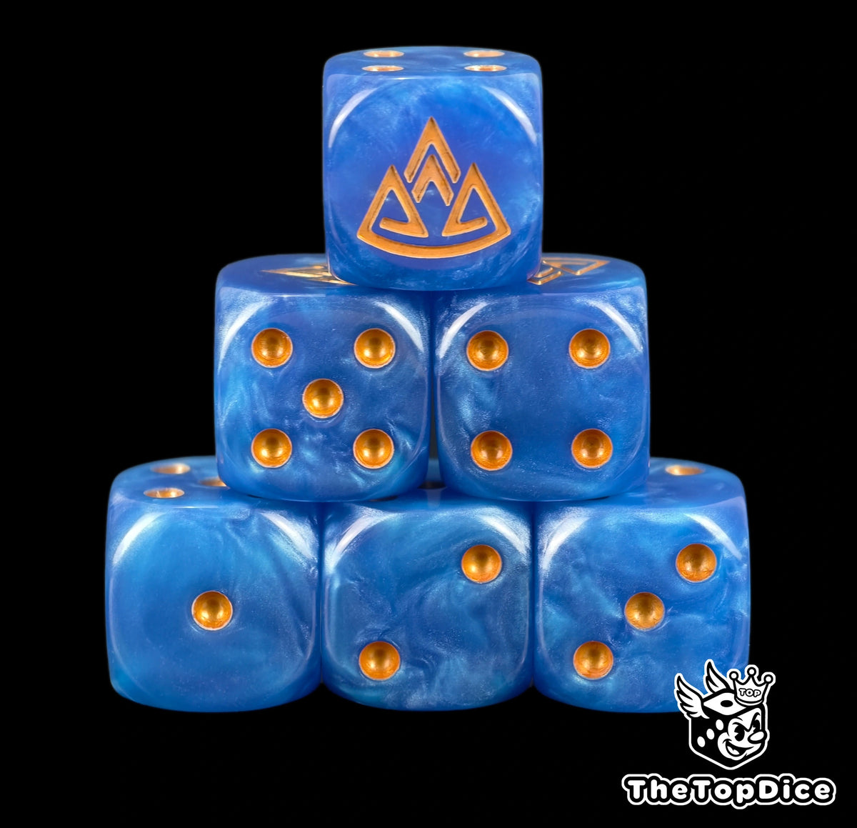 Six blue dwarf D6 stacked, gold pips and a gold mountain rune