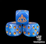 Three blue Old World dwarf dice with a gold mountain rune