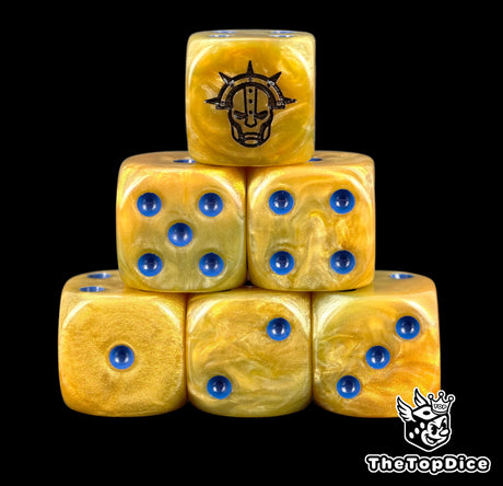 Six gold Stormcast D6 stacked, blue pips and a black sigmarite helm