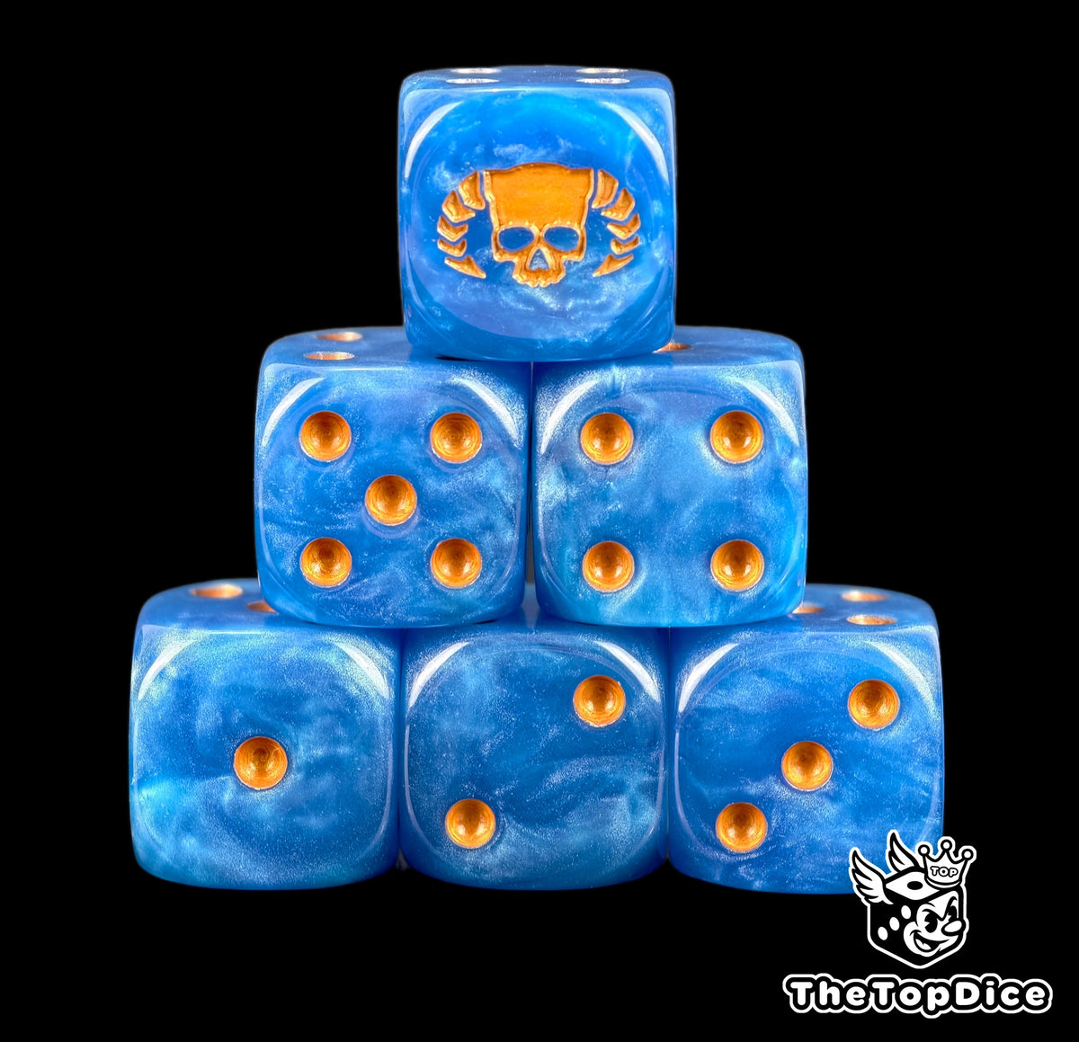 Six blue Librarian D6 stacked, gold pips and a gold laurel skull