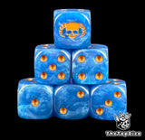 Six blue Librarian D6 stacked, gold pips and a gold laurel skull