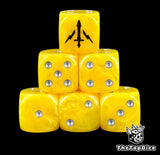 Six yellow Silver Templars D6 stacked, silver pips and a black sword