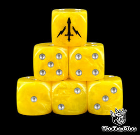 Six yellow Silver Templars D6 stacked, silver pips and a black sword