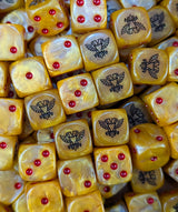Pile of gold twin eagle 16mm D6 dice for a sci-fi guardian army